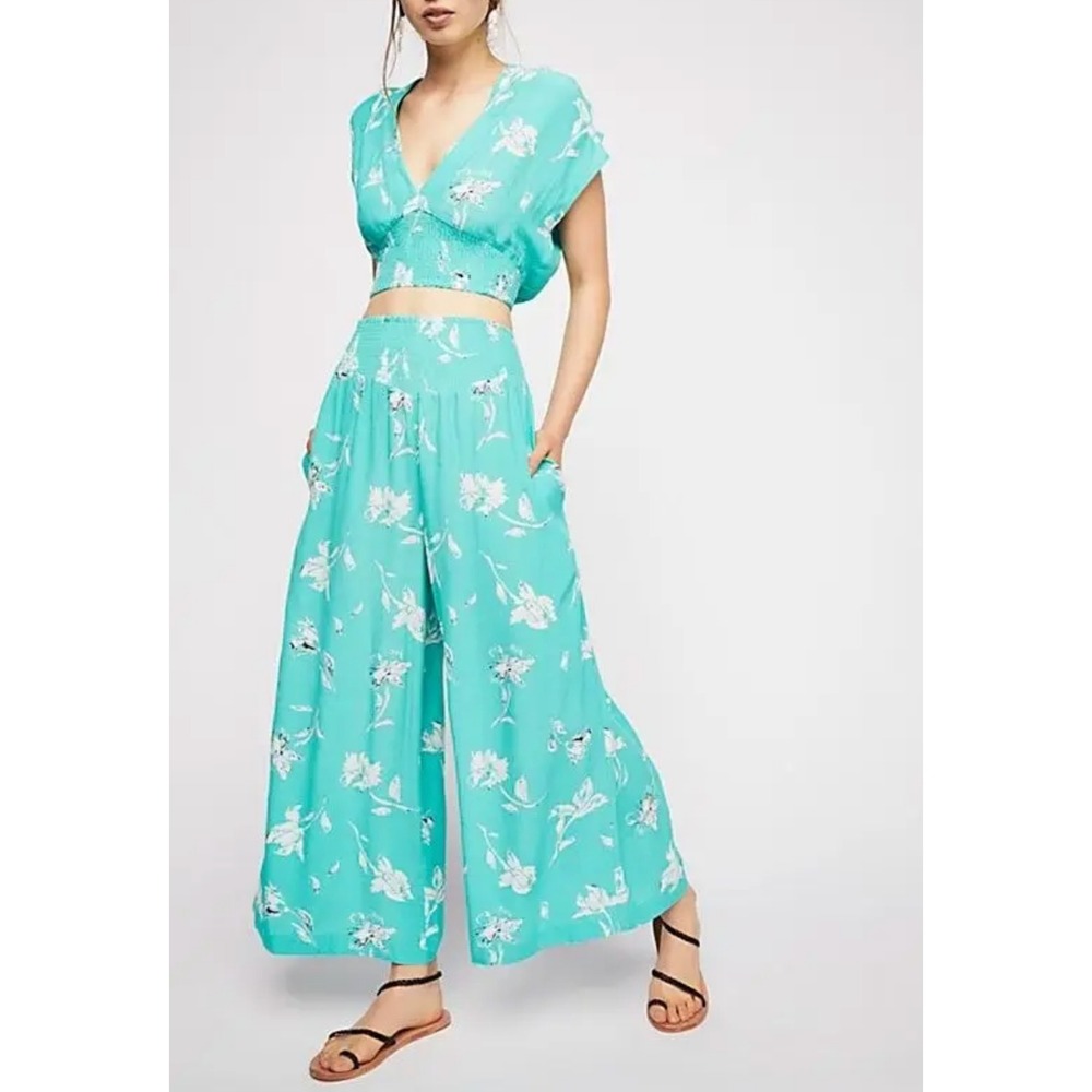 Free People Nile River Smocked Floral Print Set, Teal, XS